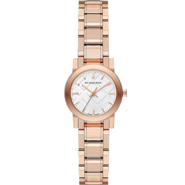 Close up Frontside View Burberry City Rose gold Stainless Steel White Dial Quartz Watch for Ladies with White Background
