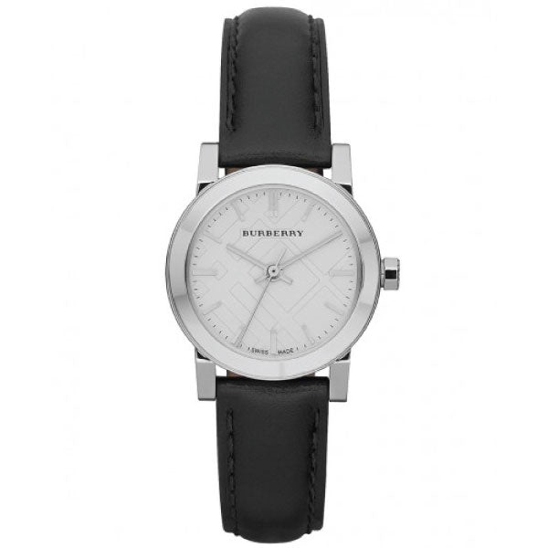 Close up Fornt side View Burberry Black Leather Strap Silver Dial Quartz Watch for Ladies with White Background