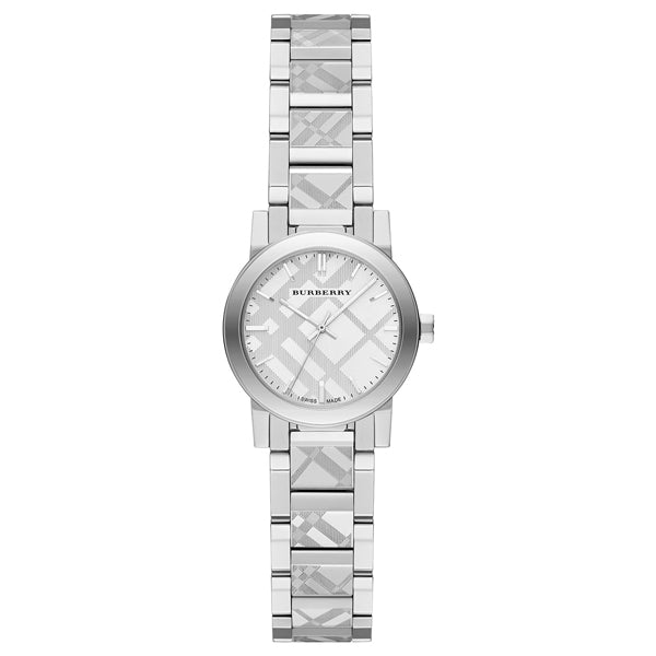 Front side Burberry silver stainless steel silver dial quartz watch for ladies with white backgrond