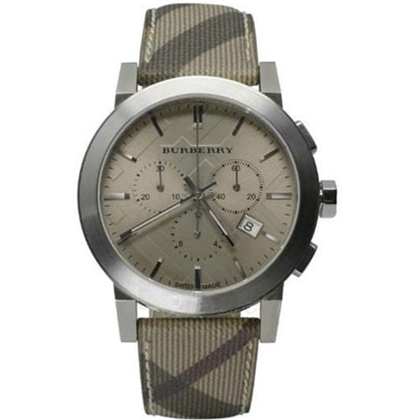 A Fornt Side View Burberry Multicolor Leather Strap Beige Dial Chronograph Quartz Watch for Gents  with White Background