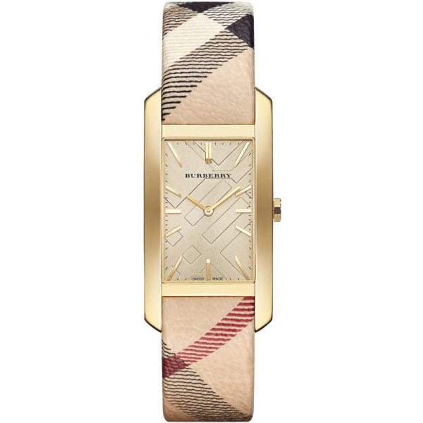 Close up Front side view Burberry Pioneer Multicolor Leather Strap Gold Dial Quartz Watch for Ladies with White Background