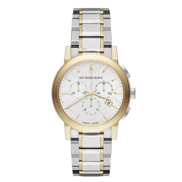 Front view Burberry Two-tone Stainless Steel White Dial Chronograph Quartz Unisex Watch with white background