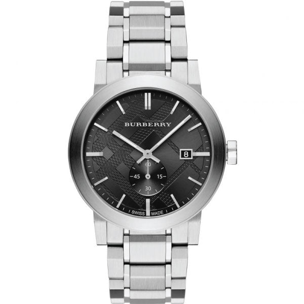 A Closeup Frontside View Burberry City Silver Stainless Steel Black Dial Quartz Watch for Gents with White Background