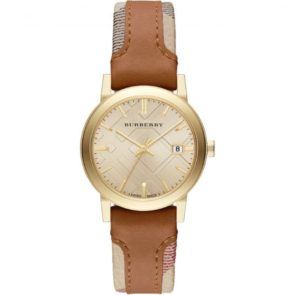 Burberry The City Brown Leather Strap Gold Dial Quartz Watch for Ladies - BU9133