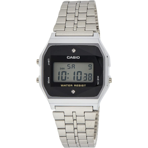 Casio Diamond Series Silver Stainless Steel Black Dial Quartz Watch for Gents - CASIO A-159WAD-1DF