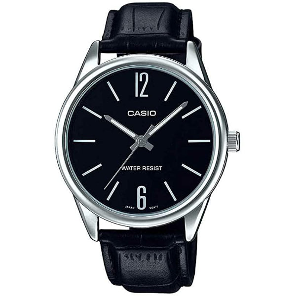 Casio Standard Black Leather Strap Silver Dial Quartz Watch for Gents - CASIO MTP-V005L-1BUDF