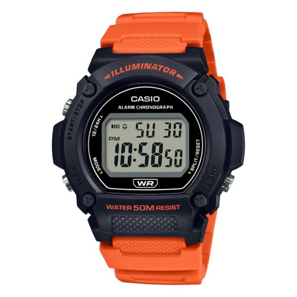 Casio Illuminator Orange Silicone Strap Black Dial Quartz Watch for Gents - CASIO W-219H-4AVDF