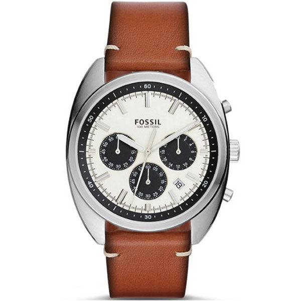 Fossil Drifter Brown Leather Strap White Dial Chronograph Quartz Watch for Gents - CH3044