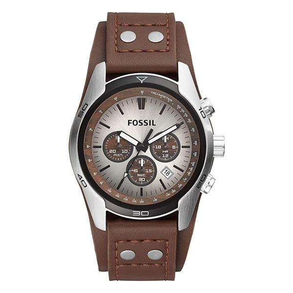 Fossil Coachman Brown Leather Strap White Dial Chronograph Quartz Watch for Gents - CH2565