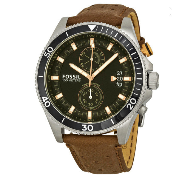 Fossil Wakefield Brown Leather Strap Black Dial Chronograph Quartz Watch for Gents - CH2944