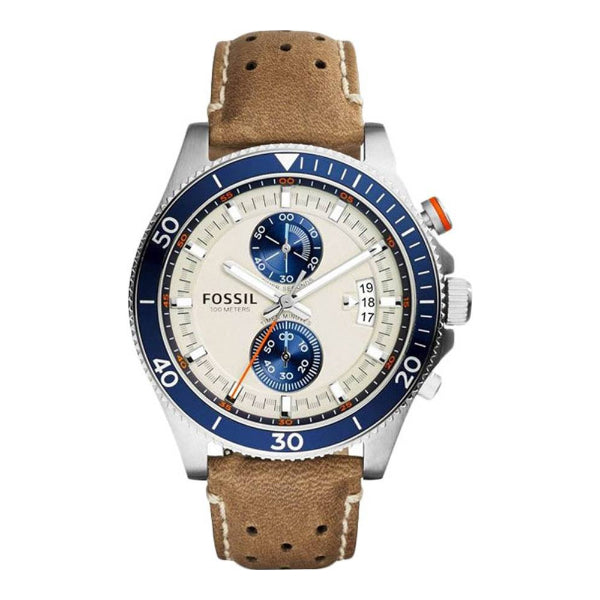 Fossil Wakefield Brown Leather Strap Cream Dial Chronograph Quartz Watch for Gents - CH2951