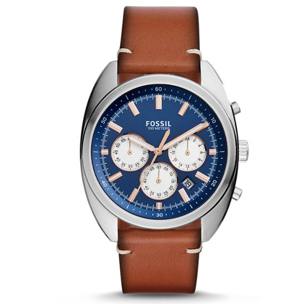 Fossil Drifter Brown Leather Strap Blue Dial Chronograph Quartz Watch for Gents - CH3045