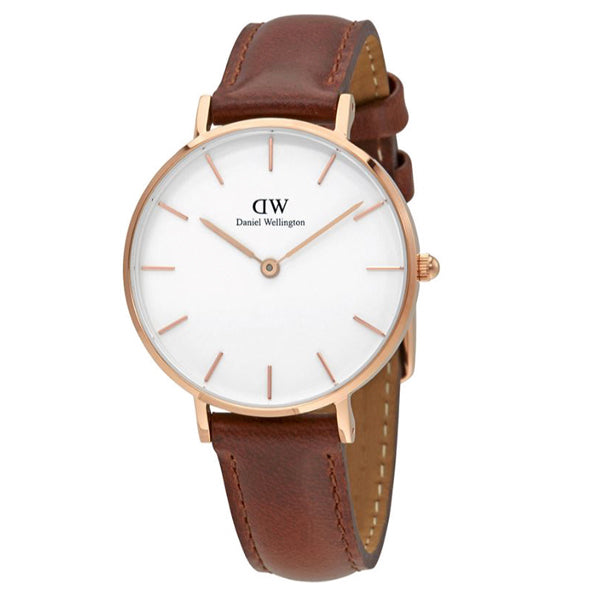 Daniel Wellington Petite St Mawes Brown Leather Strap White Dial Watch for Ladies - DW00100175