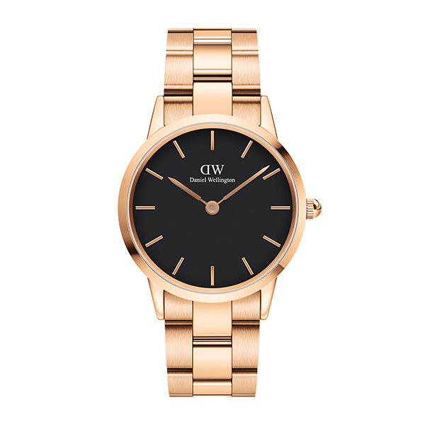 Daniel Wellington Iconic Link 36 Rose Gold Stainless Steel Black Dial Quartz Unisex Watch - DW00100210