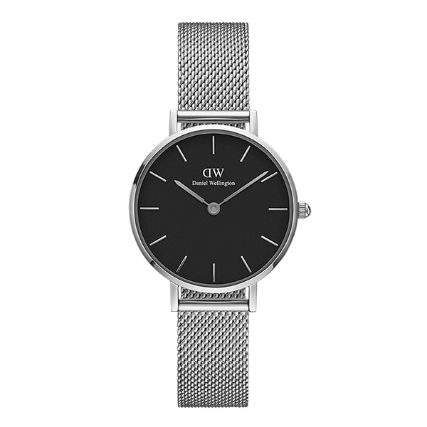 Daniel Wellington Petite Sterling 28 Silver Mesh Bracelet Black Dial Quartz Unisex Watch - DW00100218
