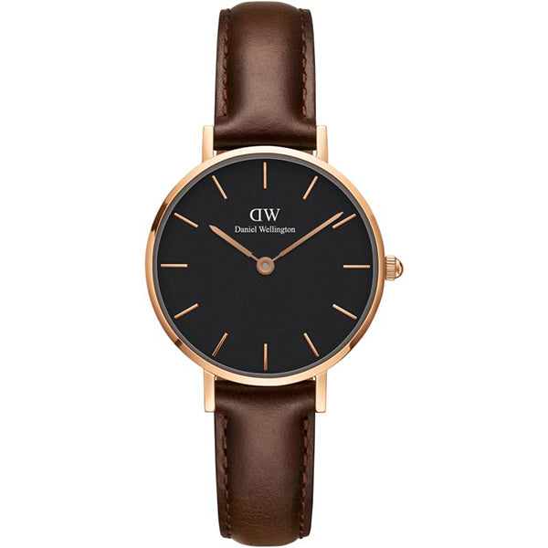 Daniel Wellington Petite Bristol 28 Brown Leather Strap Black Dial Quartz Ladies Watch - DW00100221