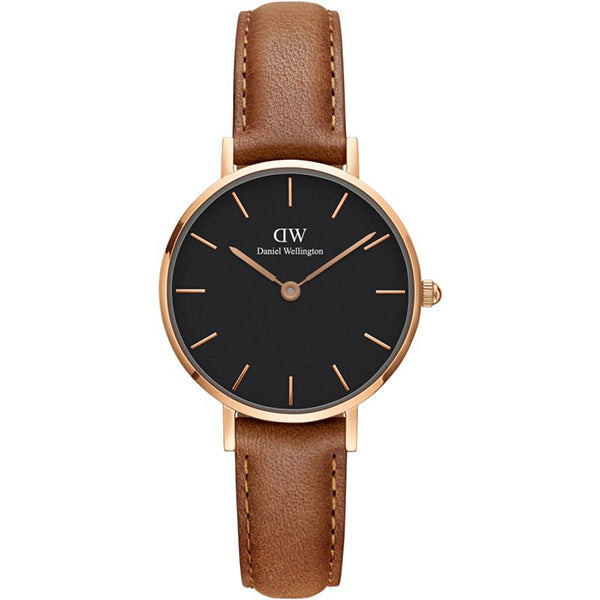 Daniel Wellington Petite Durham 28 Brown Leather Strap Black Dial Quartz Ladies Watch - DW00100222