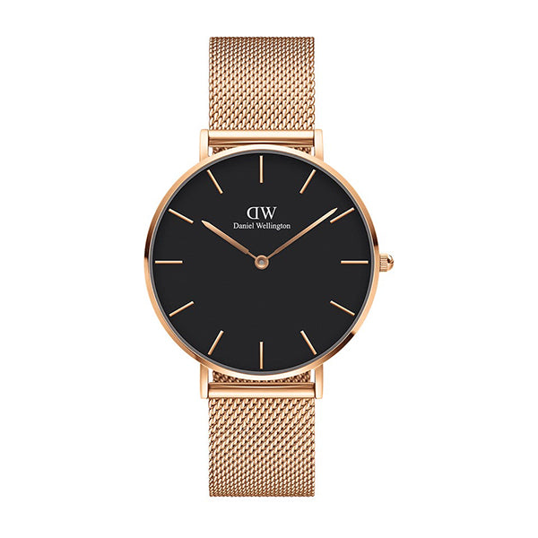 Daniel Wellington Petite Melrose 36 Rose Gold Mesh Bracelet Black Dial Quartz Unisex Watch - DW00100303