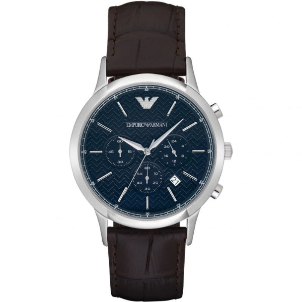 EMPORIO ARMANI Renato Black Leather Strap Dark Blue Dial Chronograph Quartz Watch for Gents - AR2494