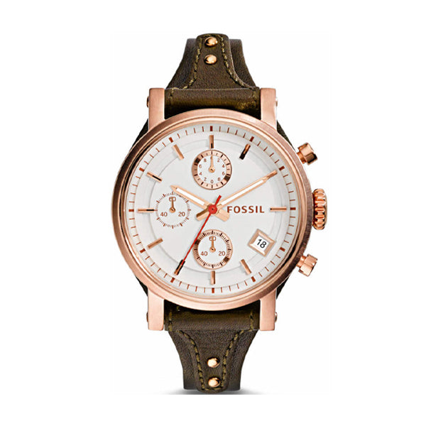 Fossil Original Boyfriend Brown Leather Strap White Dial Chronograph Quartz Watch for Ladies - ES3616