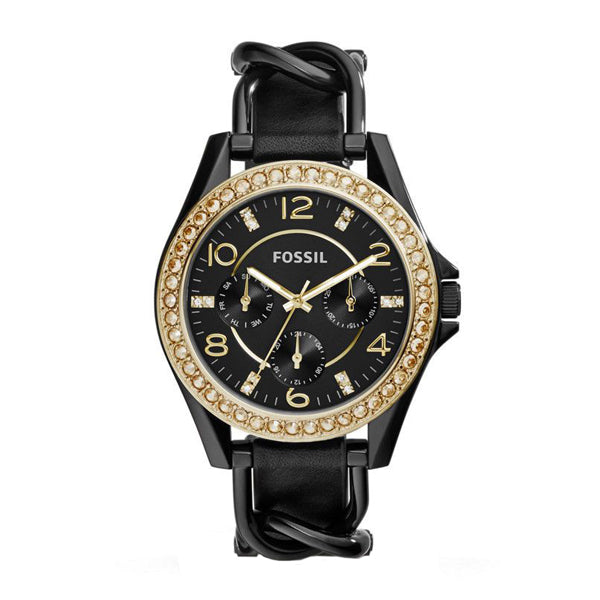 Fossil Riley Black Leather Strap Black Dial Quartz Watch for Ladies - ES3696