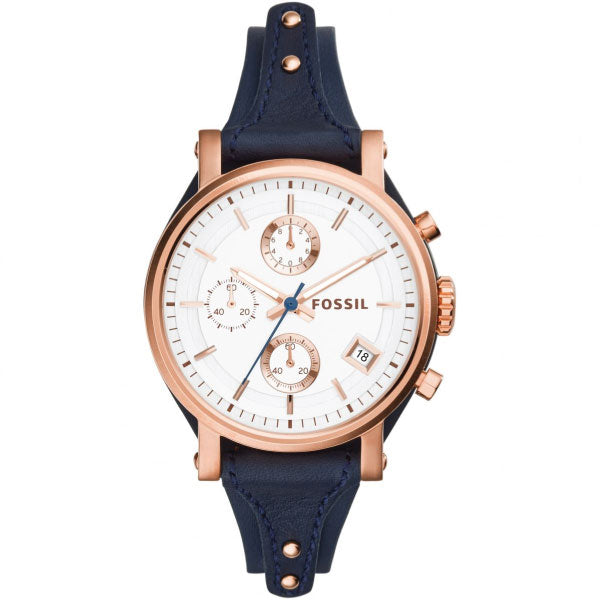 Fossil Original Boyfriend Blue Leather Strap White Dial Chronograph Quartz Watch for Ladies - ES3838