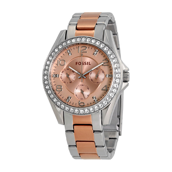 Fossil Riley Two-tone Stainless Steel Rose Gold Dial Quartz Watch for Ladies - ES4145