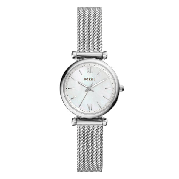 Fossil Carlie Silver Mesh Bracelet Mother of pearl Dial Quartz Watch for Ladies - ES4432