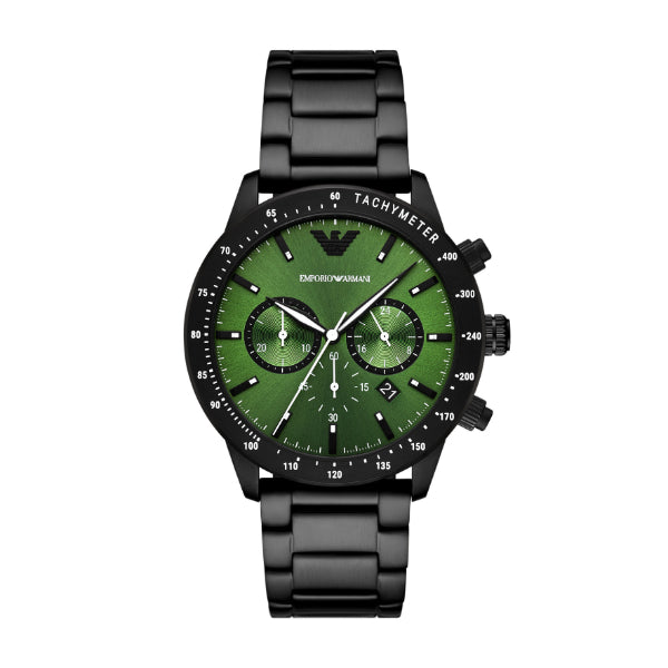 EMPORIO ARMANI Mario Black Stainless Steel Green Dial Chronograph Quartz Watch for Gents - AR11472