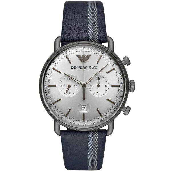EMPORIO ARMANI Aviator Blue Leather Strap Silver Dial Chronograph Quartz Watch for Gents - AR11202