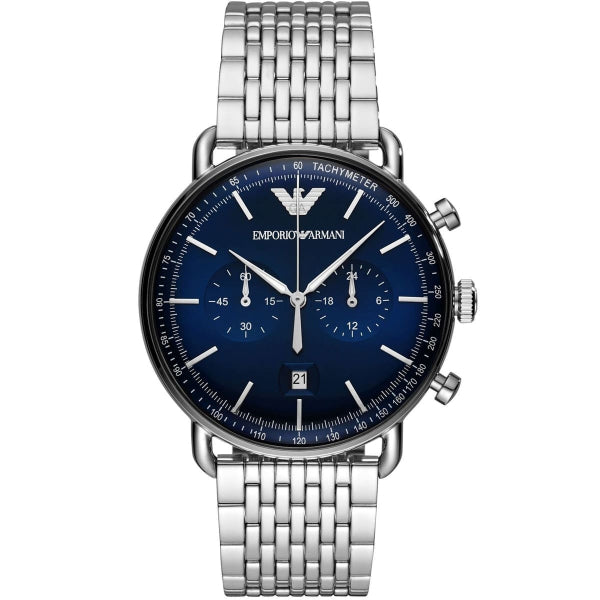 EMPORIO ARMANI Aviator Silver Stainless Steel Navy Blue Dial Chronograph Quartz Watch for Gents - EMPORIO ARMANI AR 11238