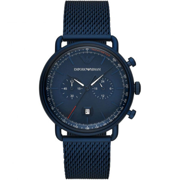 EMPORIO ARMANI Aviator Navy Blue Mesh Bracelet Navy Blue Dial Chronograph Quartz Watch for Gents - EMPORIO ARMANI AR 11289