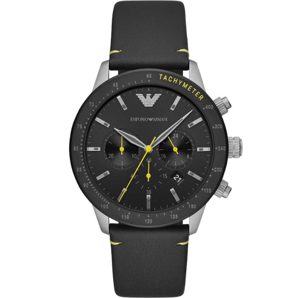 EMPORIO ARMANI Mario Black Leather Strap Black Dial Chronograph Quartz Watch for Gents - AR11325