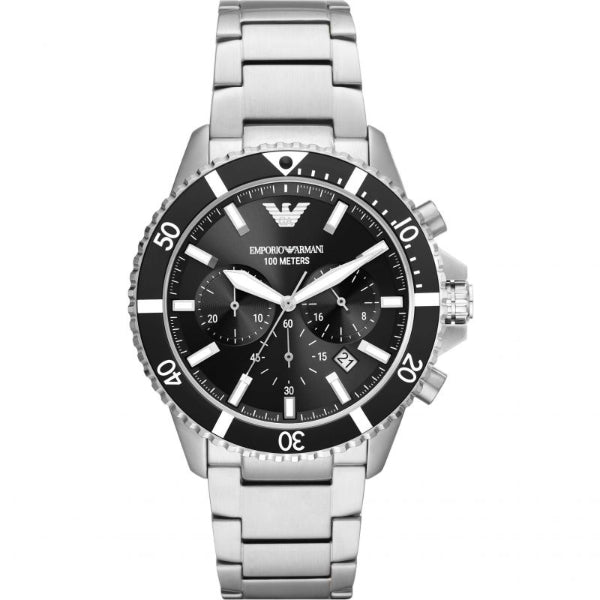 EMPORIO ARMANI Diver Silver Stainless Steel Black Dial Chronograph Quartz Watch for Gents - EMPORIO ARMANI AR 11360