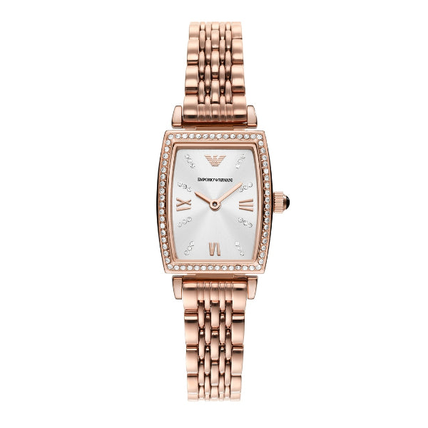 EMPORIO ARMANI Gianni T-Bar Rose Gold Stainless Steel White Dial Quartz Watch for Ladies -EMPORIO ARMANI AR 11406