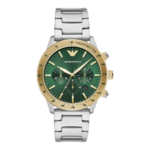 EMPORIO ARMANI Mario Silver Stainless Steel Green Dial Chronograph Quartz Watch for Gents - AR11454