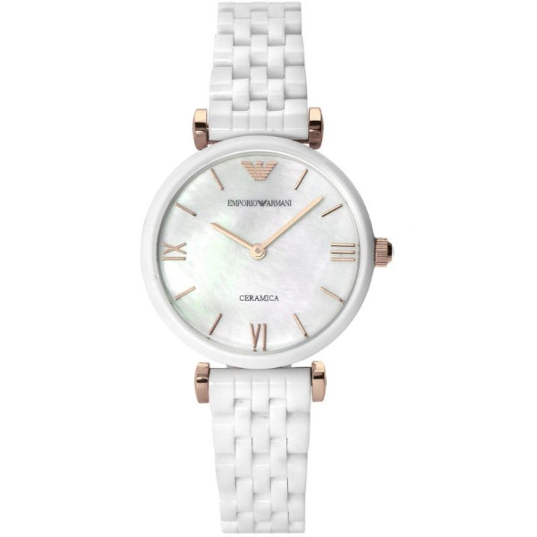 EMPORIO ARMANI Retro White Ceramic Mother of Pearl Dial Quartz Watch for Ladies - EMPORIO ARMANI AR1486