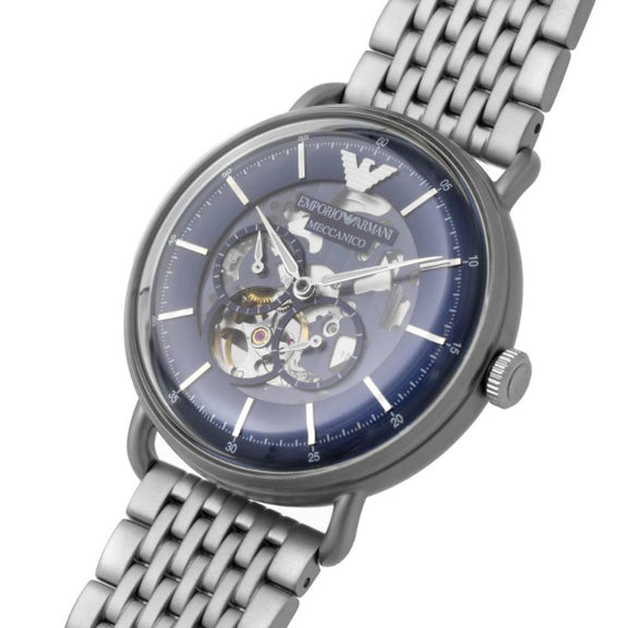 Emporio Armani Meccanico Silver Dial Blue Leather Strap Watch For Men - AR60009