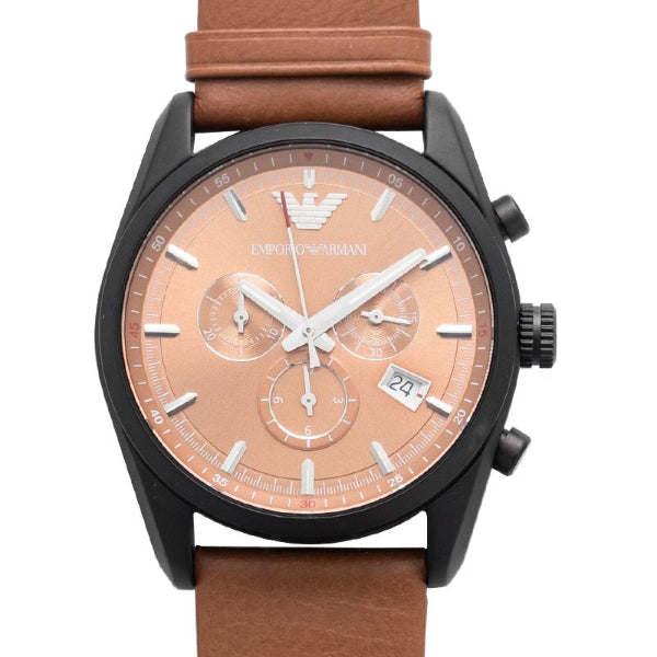 EMPORIO ARMANI Sportivo Brown Leather Strap Peach Orange Dial Chronograph Quartz Watch for Gents - AR6077