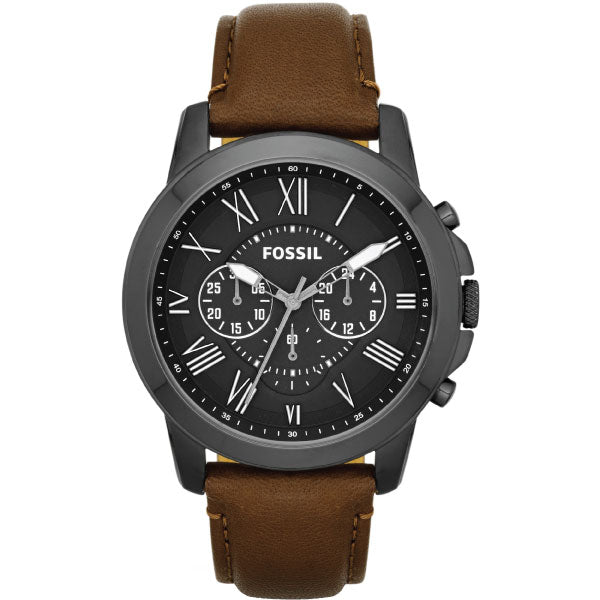 Fossil Grant Brown Leather Strap Black Dial Chronograph Quartz Watch for Gents - FS4885