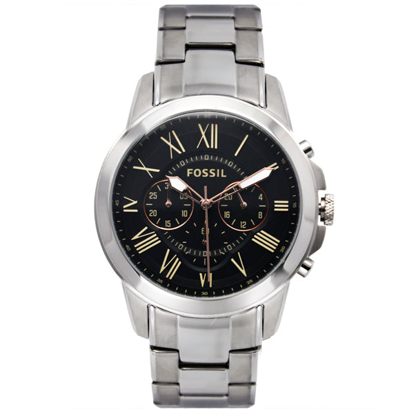 Fossil Grant Silver Stainless Steel Black Dial Chronograph Quartz Watch for Gents - FS4994