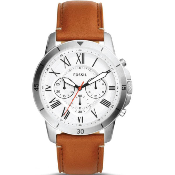 Fossil Grant Brown Leather Strap White Dial Chronograph Quartz Watch for Gents - FS5060