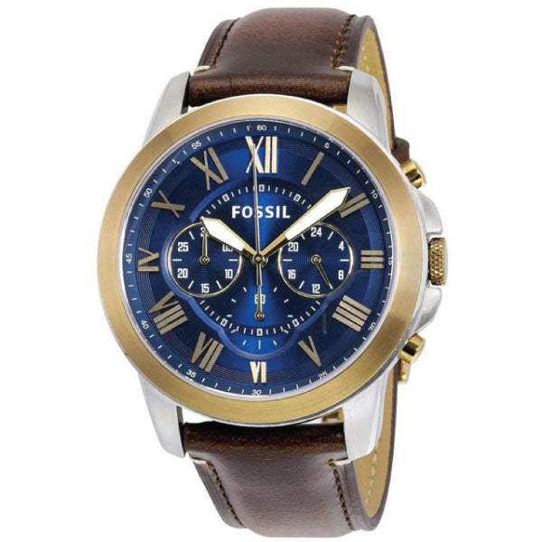 Fossil Grant Brown Leather Strap Blue Dial Chronograph Quartz Watch for Gents - FS5150