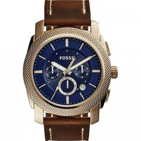 Fossil Machine Brown Leather Strap Blue Dial Chronograph Quartz Watch for Gents - FS5159