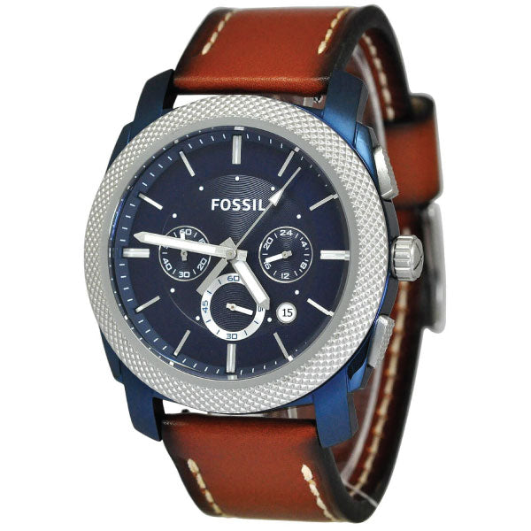 Fossil Machine Brown Leather Strap Blue Dial Chronograph Quartz Watch for Gents - FS5232