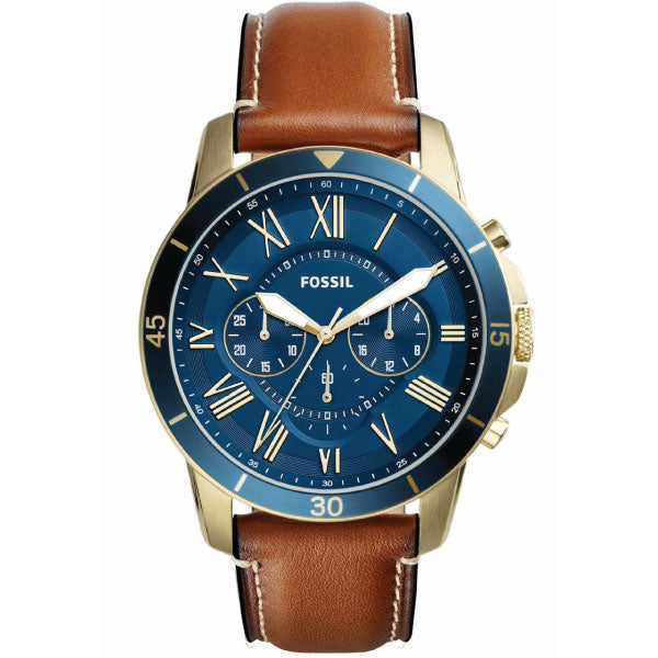 Fossil Grant Sport Brown Leather Strap Blue Dial Chronograph Quartz Watch for Gents - FS5268