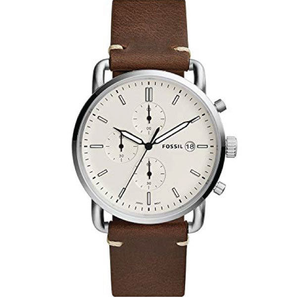 Fossil Commuter Brown Leather Strap Beige Dial Chronograph Quartz Watch for Gents - FS5402