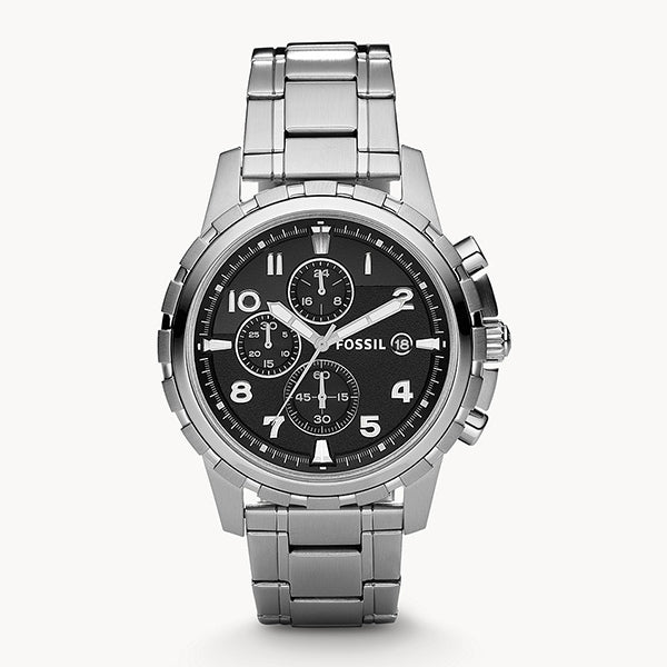 Fossil Dean Silver Stainless Steel Black Dial Chronograph Quartz Watch for Gents - FS4542