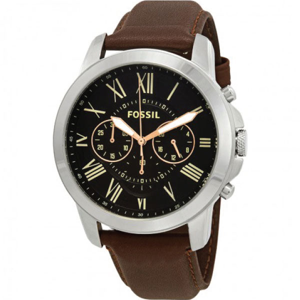 Fossil Grant Brown Leather Strap Black Dial Chronograph Quartz Watch for Gents - FS4813