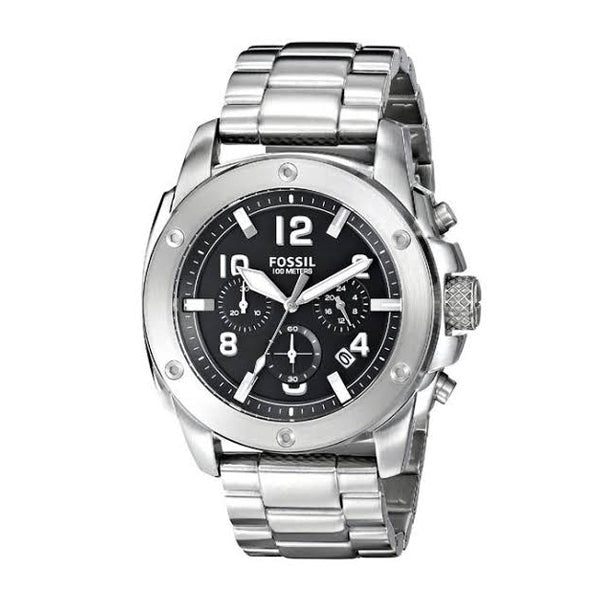 Fossil Machine Silver Stainless Steel Black Dial Chronograph Quartz Watch for Gents - FS4926